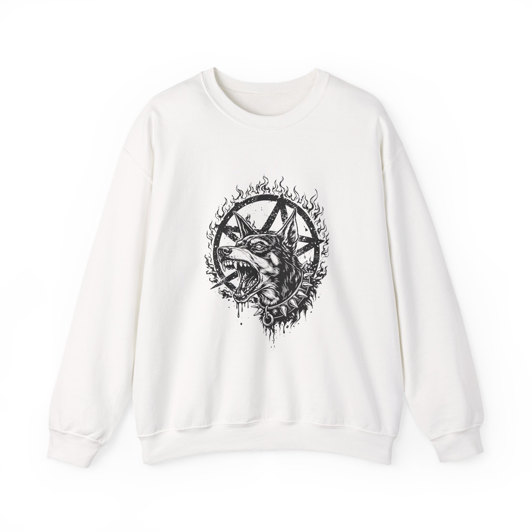 Pentagram Doberman Sweatshirt – Soft Fleece Unisex Crewneck, Dark Dog Graphic Gothic Streetwear Pullover 1 Unisex soft fleece pentagram doberman graphic sweatshirt, Valentine’s Day alternative streetwear gift for couples, dark gothic crewneck for men and women, bold occult urban fashion