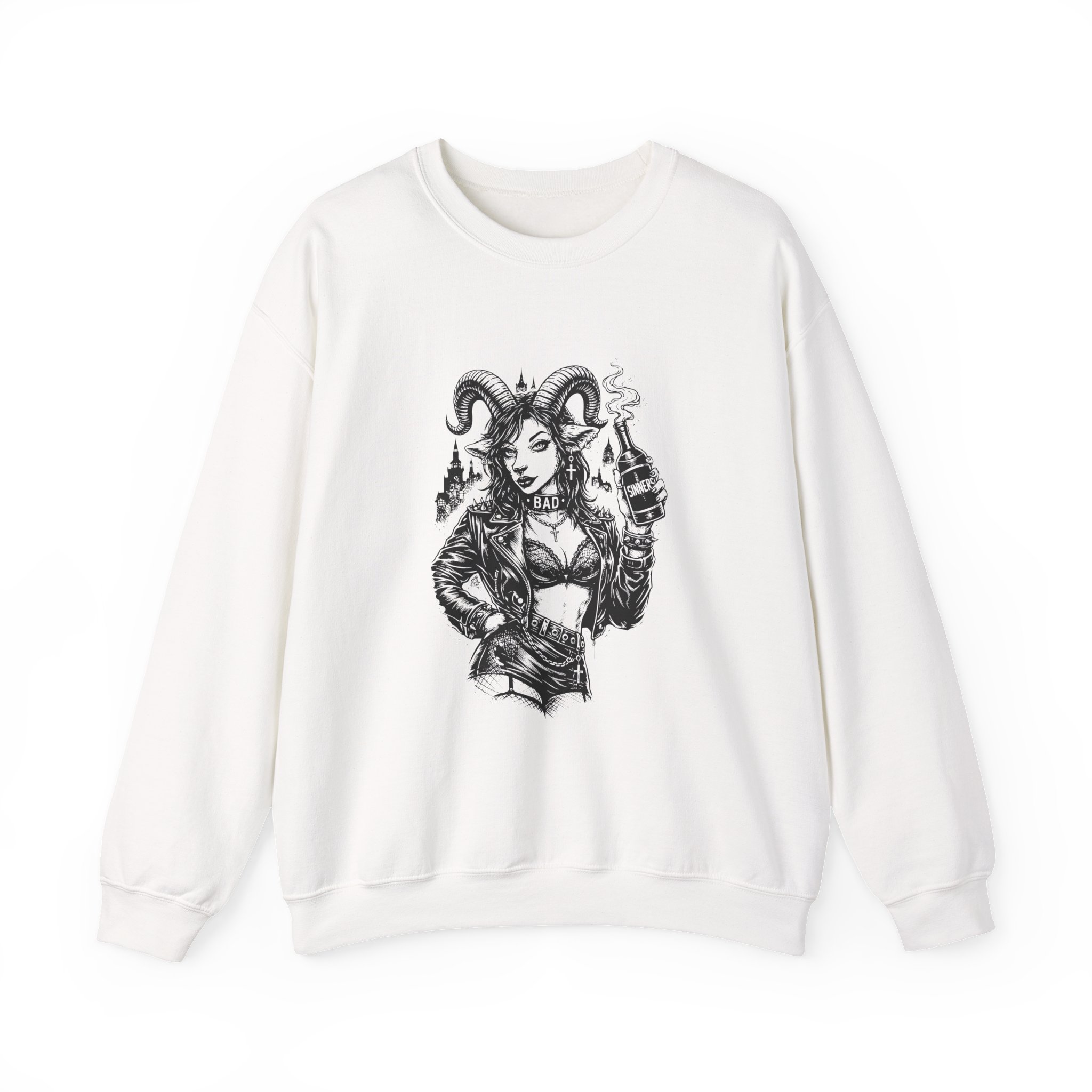 Demonic Goth Goat Sweatshirt – Soft Fleece Unisex Crewneck, Dark Gothic Occult Graphic Streetwear Pullover 1 Unisex soft fleece demonic goat graphic sweatshirt, Valentine’s Day alternative streetwear gift for couples, gothic occult crewneck for men and women, dark urban fashion