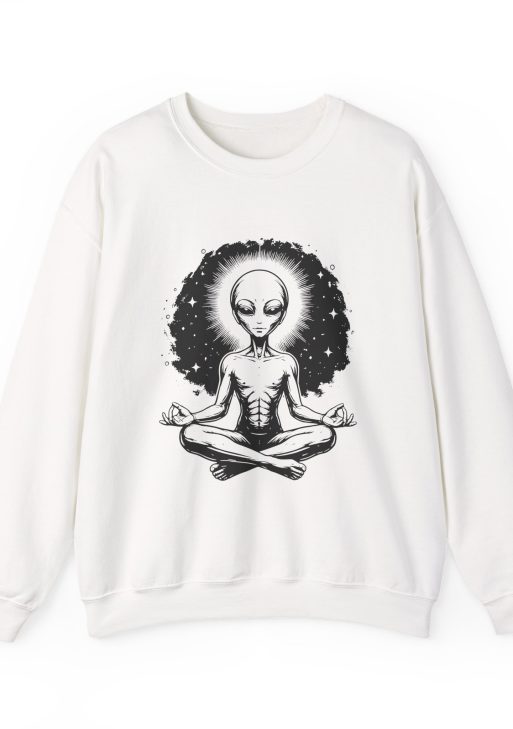 Meditating Alien Graphic Sweatshirt – Soft Fleece Unisex Crewneck, Zen UFO Art Print, Streetwear Pullover