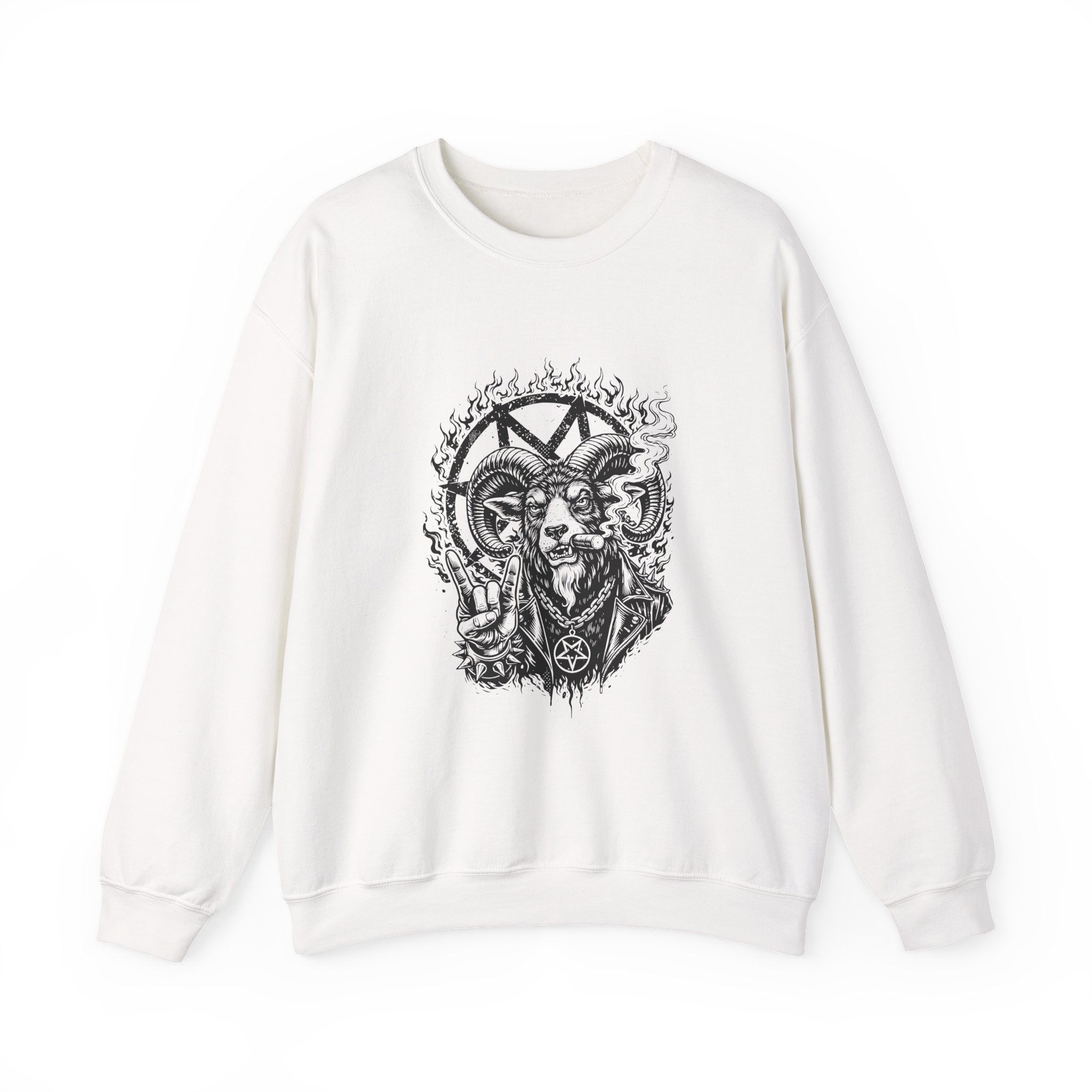 Demonic Goat Sweatshirt – Soft Fleece Unisex Crewneck, Occult Gothic Graphic Dark Streetwear Pullover 1 Unisex soft fleece demonic goat graphic sweatshirt, Valentine’s Day alternative streetwear gift for couples, dark gothic crewneck for men and women, occult urban fashion