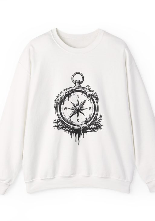 Nature Compass Sweatshirt – Soft Fleece Unisex Crewneck, Outdoor Adventure Compass Graphic Pullover