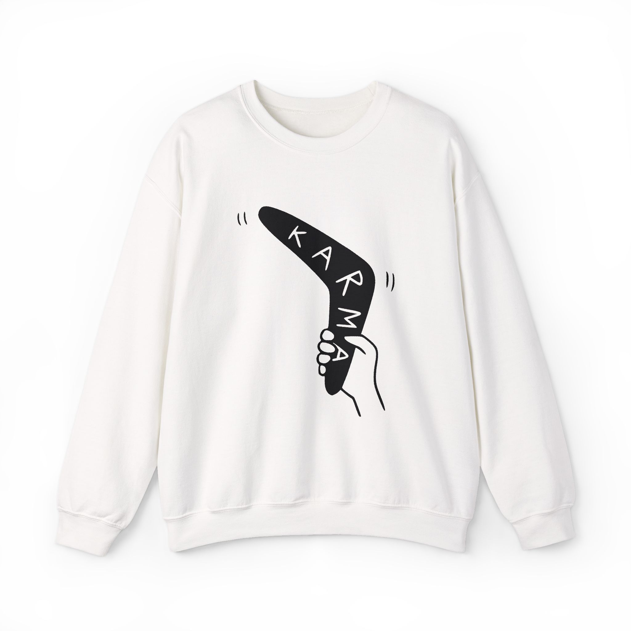Karma Boomerang Sweatshirt – Soft Fleece Graphic Crewneck, What Goes Around Comes Around Unisex Pullover 1 Karma Boomerang graphic soft fleece sweatshirt, unisex cozy crewneck with symbolic streetwear design, casual everyday style and meaningful gift idea
