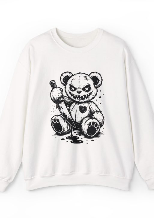 Murderer Teddy Valentine’s Day Sweatshirt – Dark Love Teddy Bear Design, Anti-Valentine February 14 Gift Unisex Crewneck
