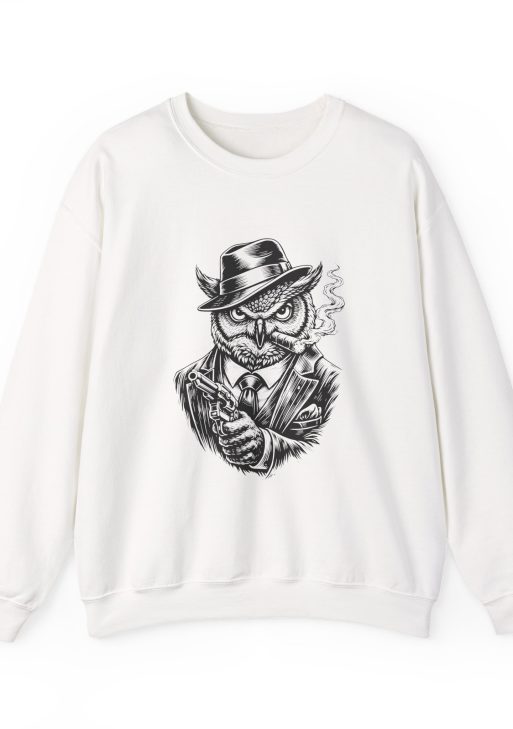 Gangster Owl Sweatshirt – Soft Fleece Unisex Crewneck, Urban Streetwear Owl Graphic Pullover