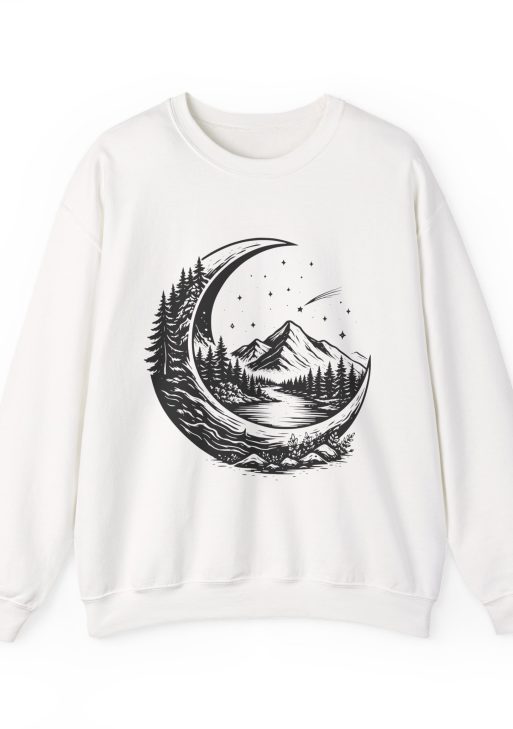 Nature Crescent Moon Sweatshirt – Soft Fleece Unisex Crewneck, Minimal Mystical Graphic Pullover for Streetwear