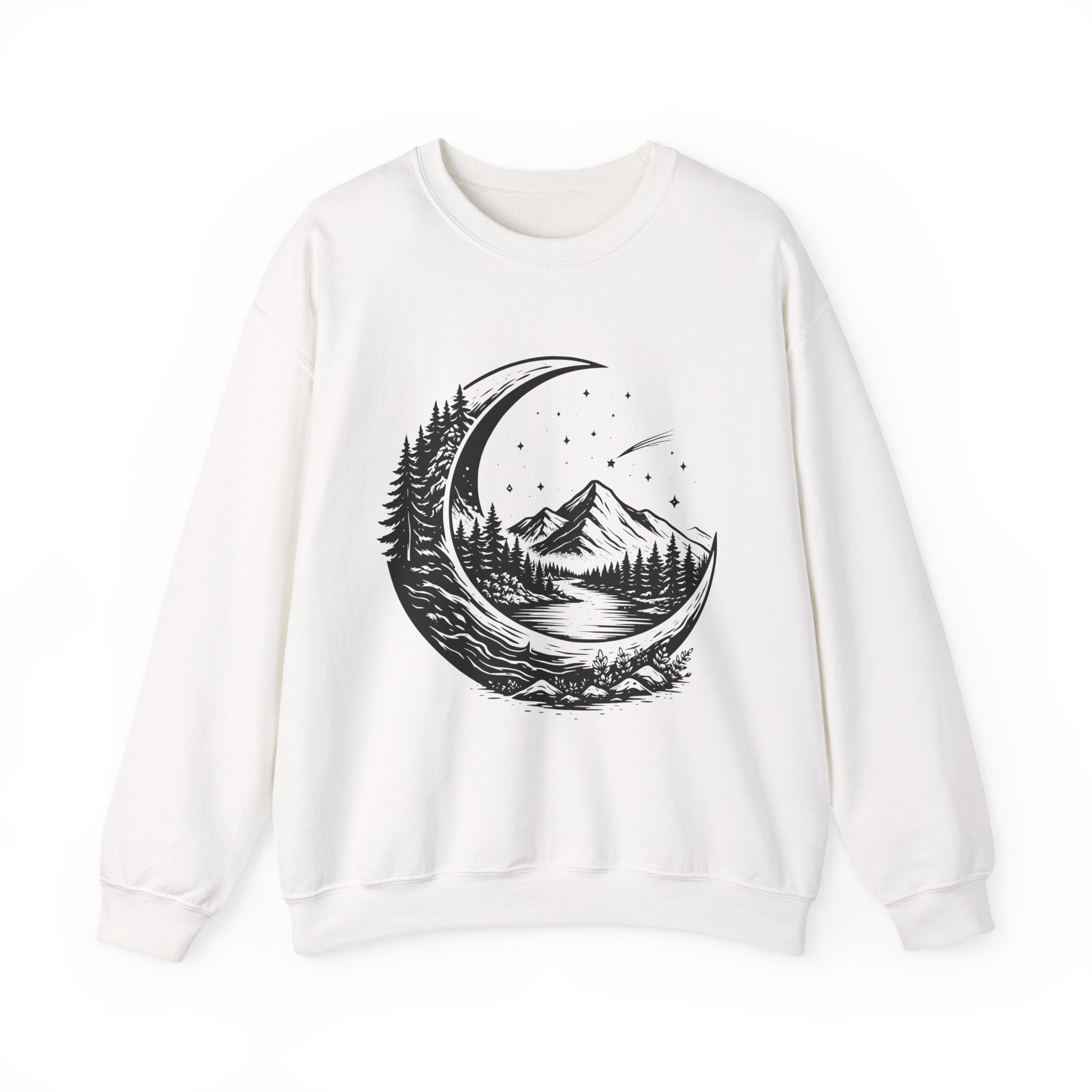 Nature Crescent Moon Sweatshirt – Soft Fleece Unisex Crewneck, Minimal Mystical Graphic Pullover for Streetwear